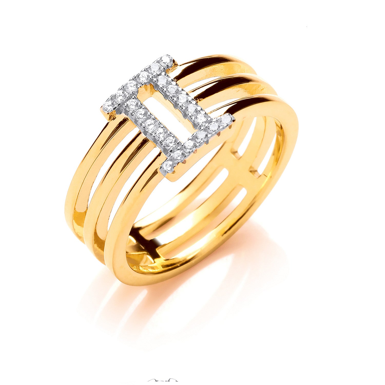 Silver with 14ct Yellow Gold Plated Cubic Zirconia Three Band Ring - Silver