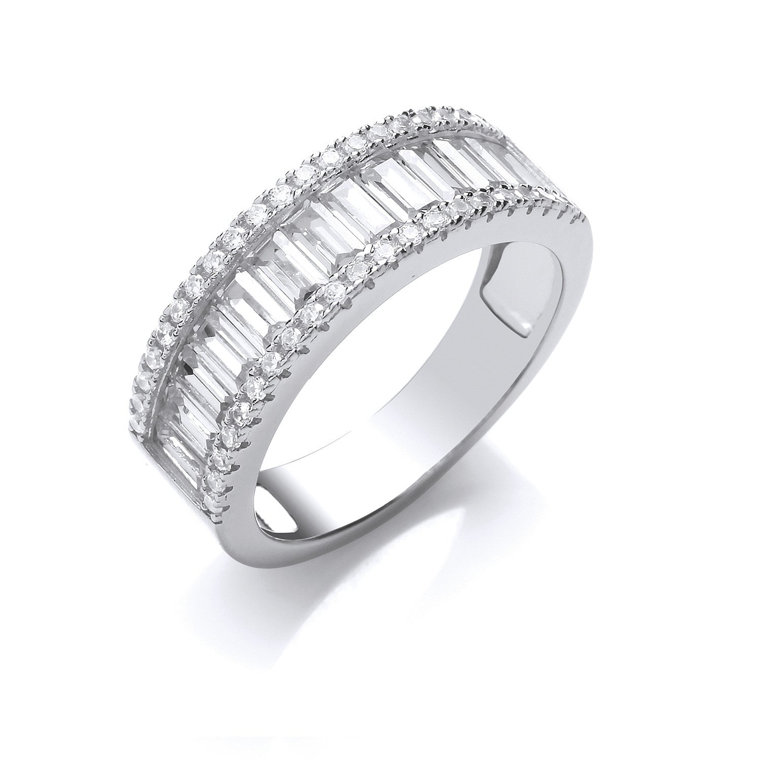 Silver Half ET Baguettes & Round Cubic Zirconia Ring - Silver
