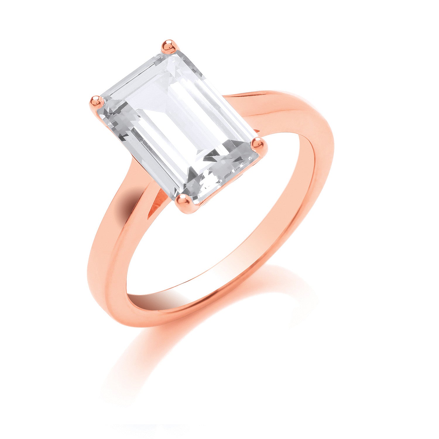 Silver Rose Gold Plated Emerald Cut Solitaire Ring - Silver