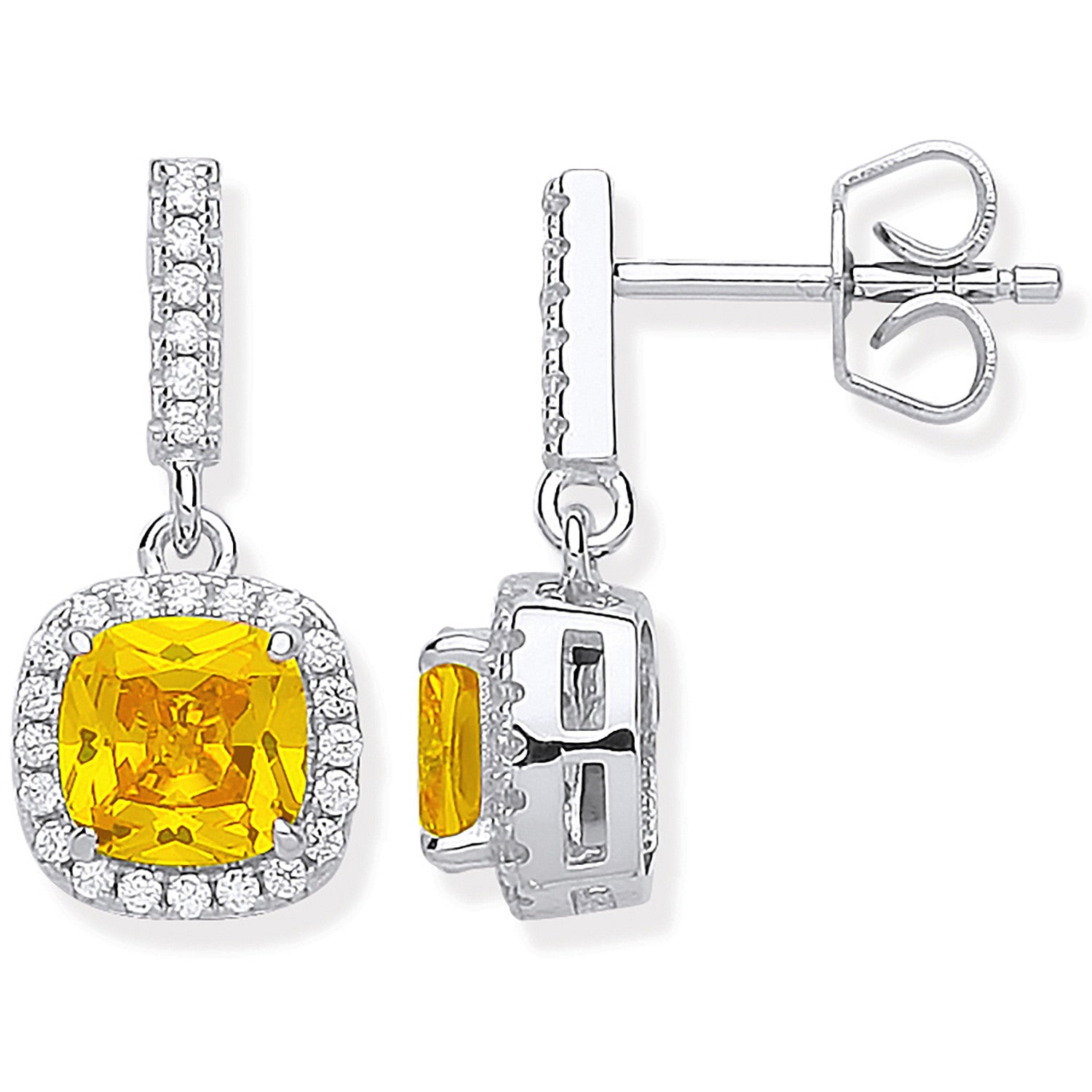 Silver Yellow Cubic Zirconia Drop Earrings - Silver