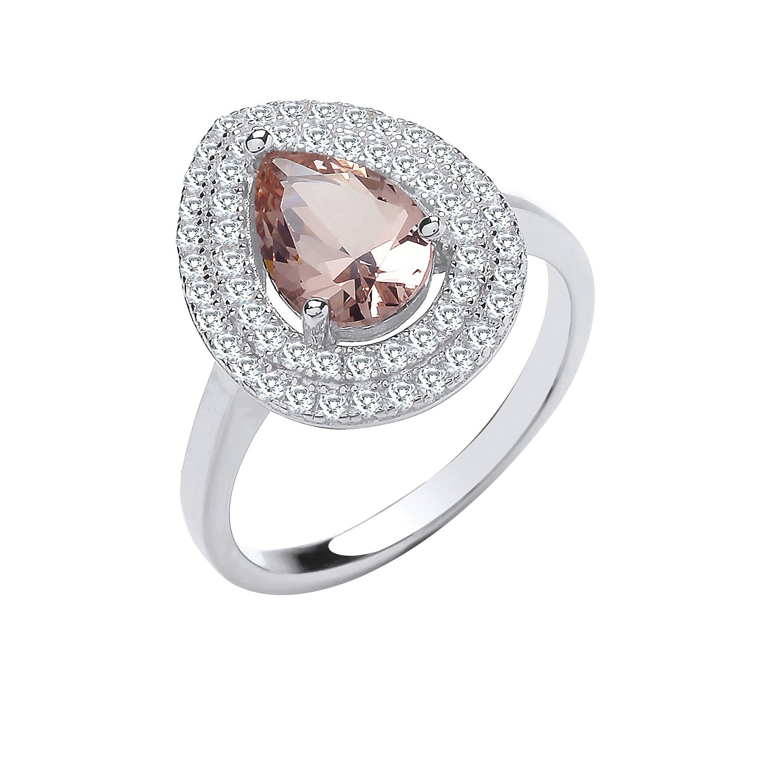 Silver Double Cubic Zirconia Pear Halo & Synthetic Morganite Ring - Silver
