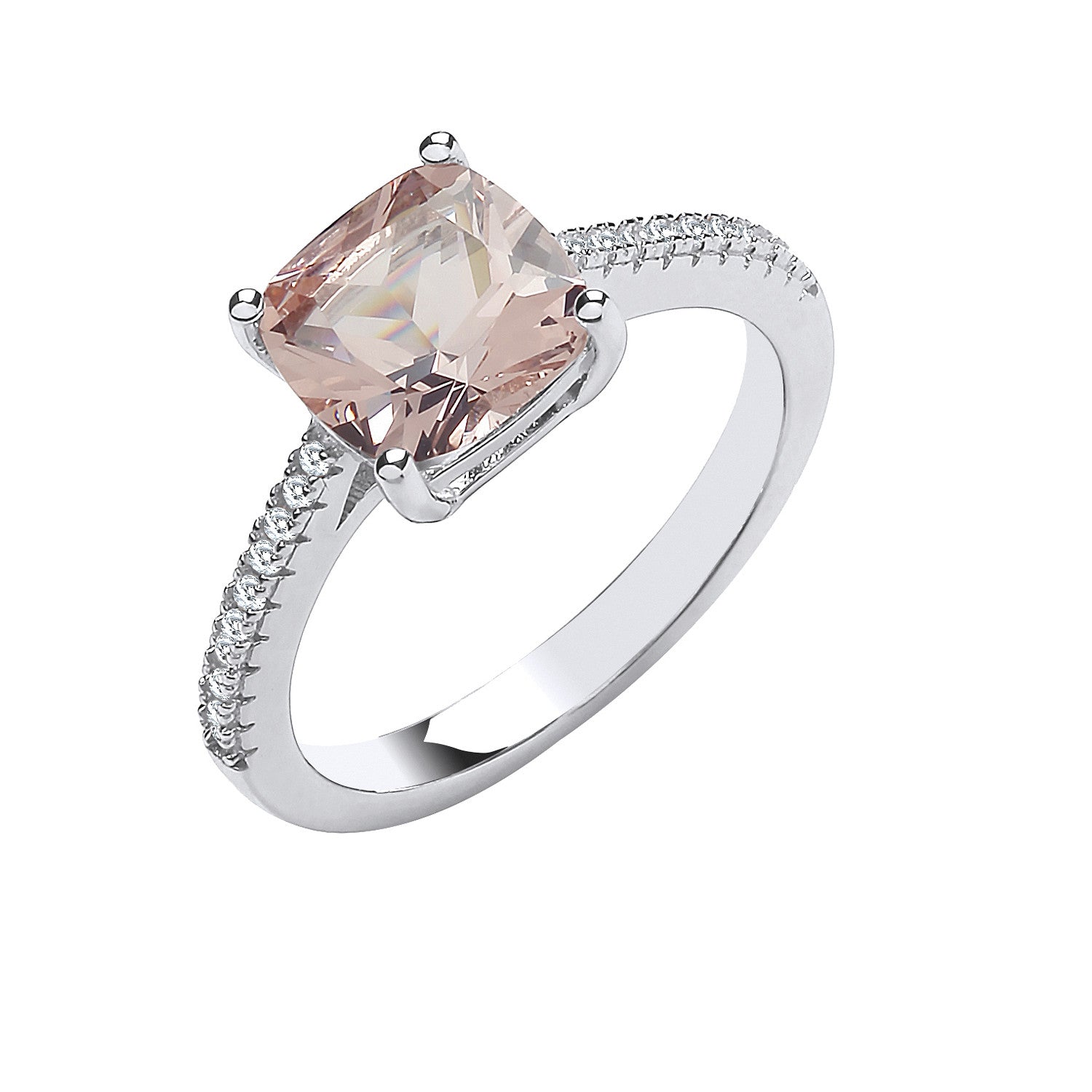 Silver Solitaire Synthetic Morganite & Cubic Zirconia Shoulder Ring - Silver