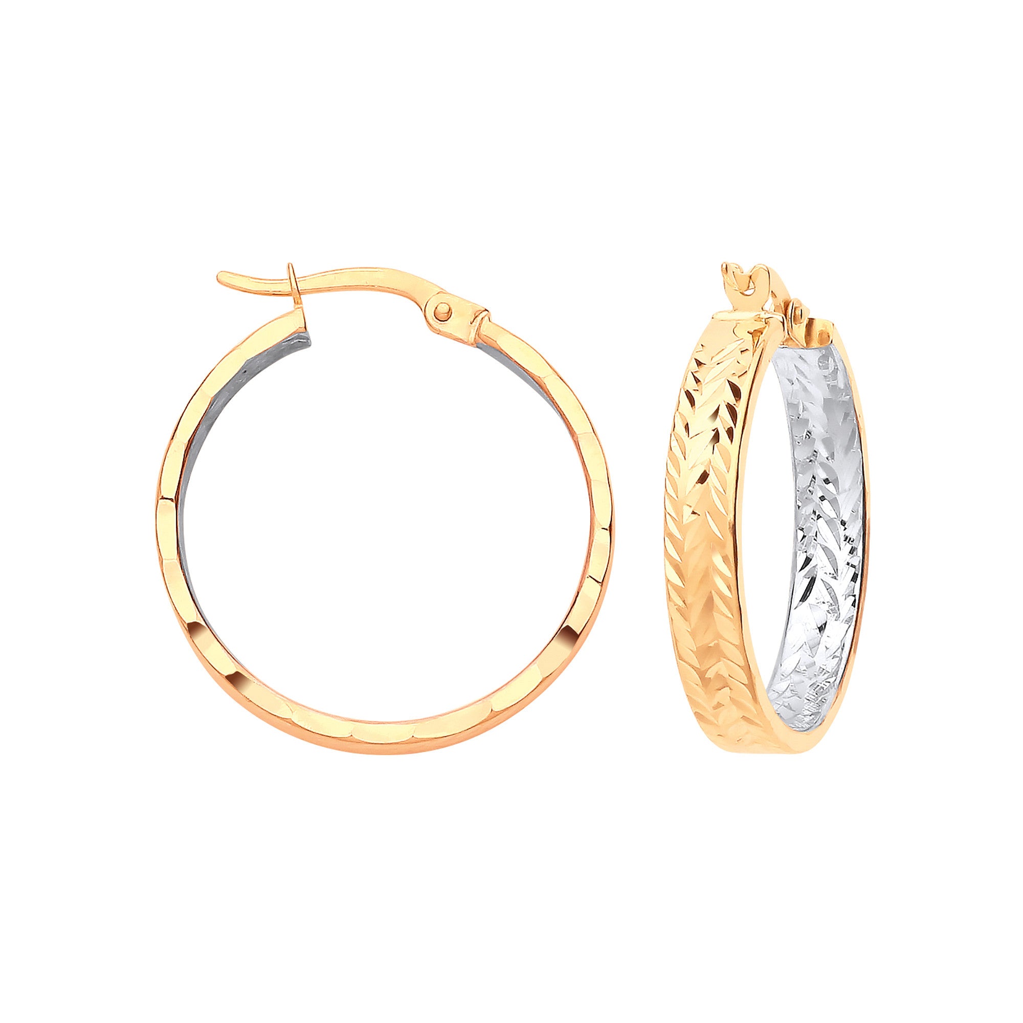 Yellow Gold & White Gold Inside Tyre Tread Design Hoop Earrings - 9ct Gold