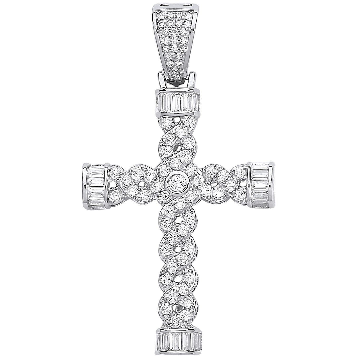 Silver Plait Style Fancy Cubic Zirconia Cross - Silver