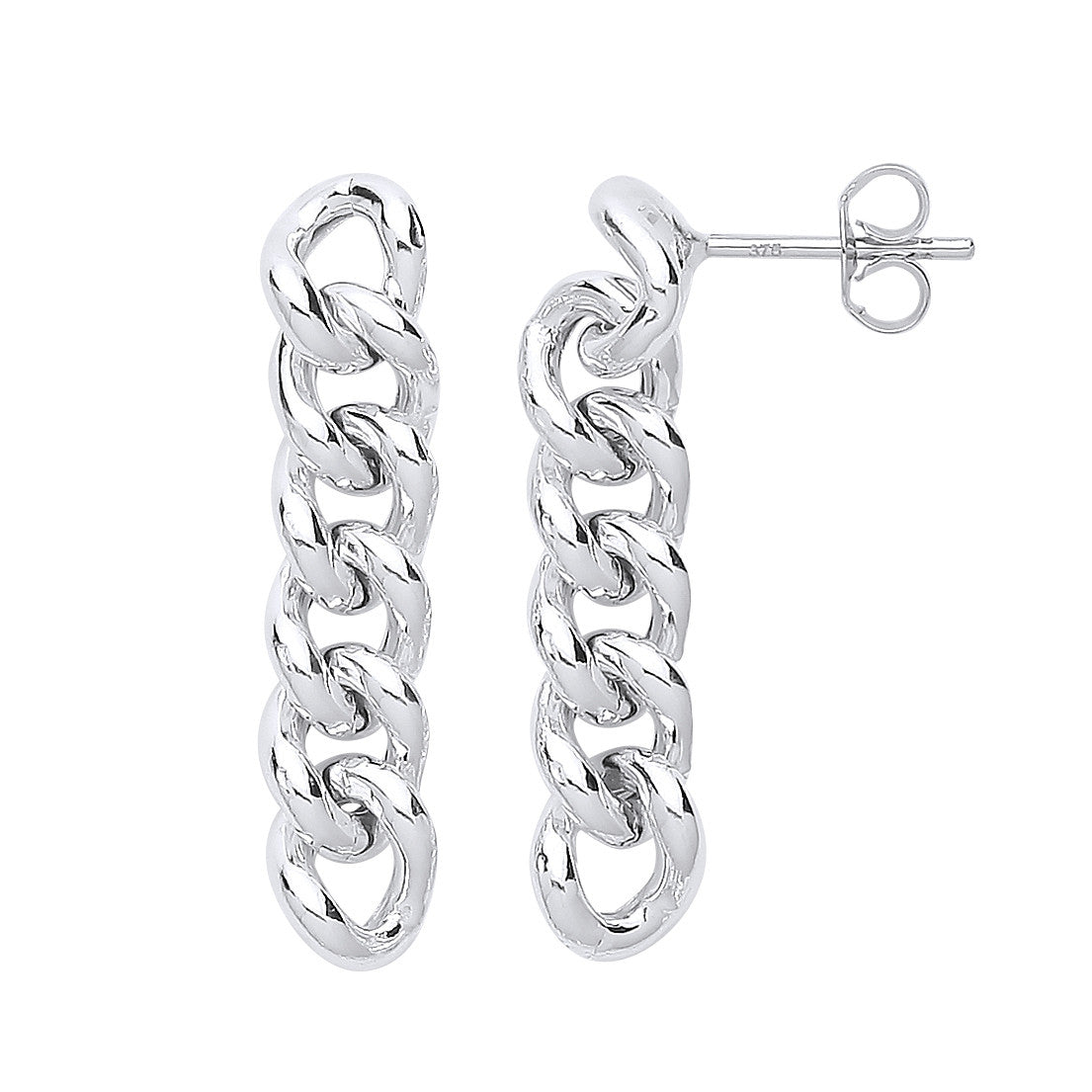 Silver Curb Chain Stud Drop Earrings - Silver
