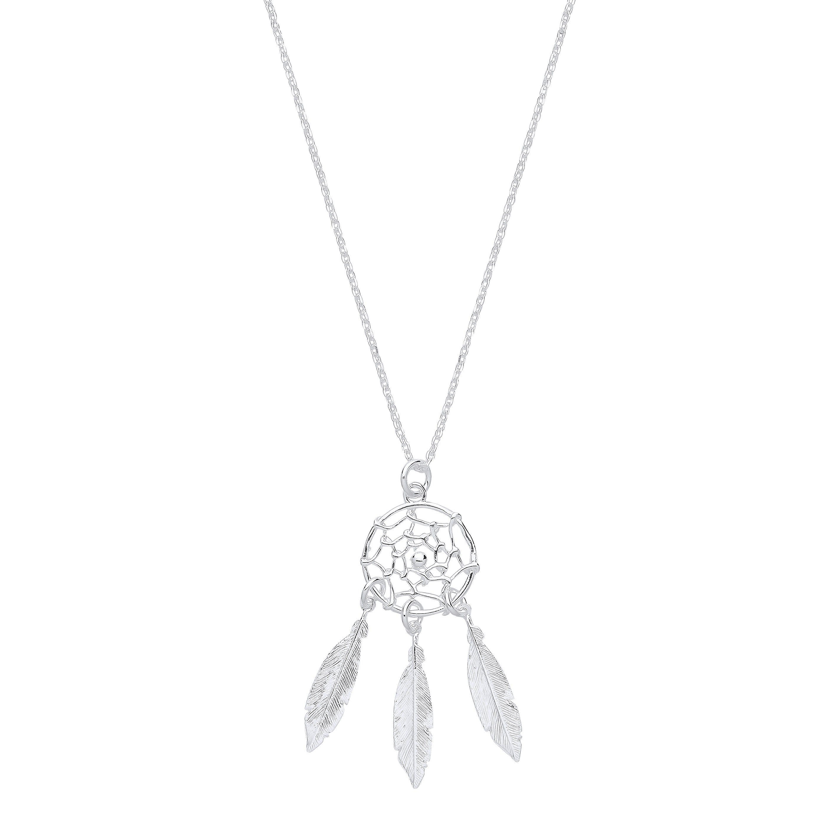 Silver Dream Catcher, Feather Spider Web 16" Chain - Silver