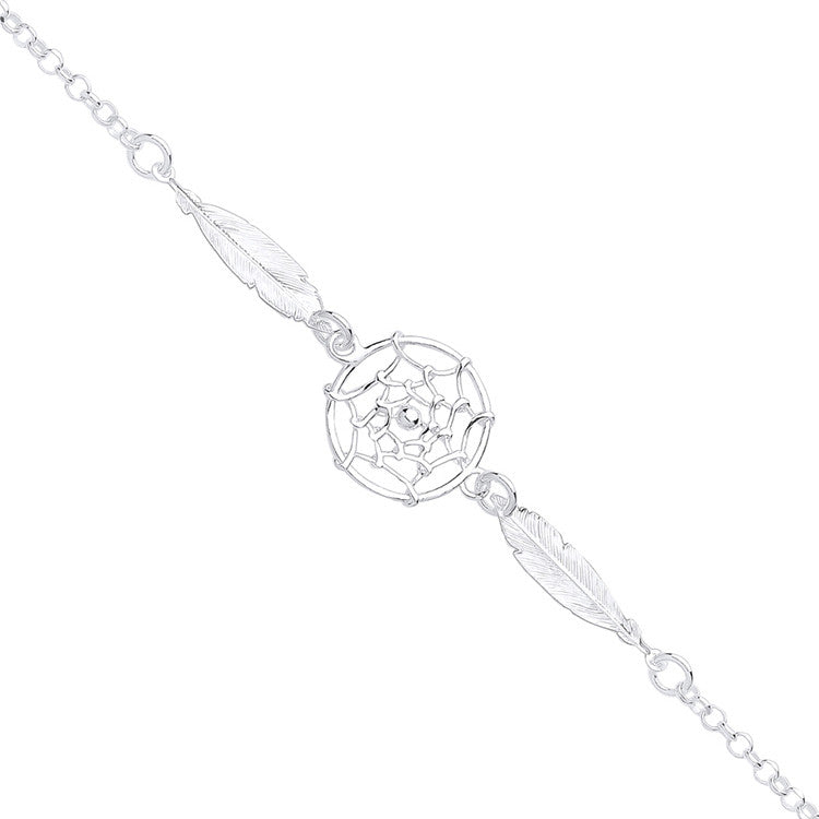 Silver Dream Catcher, Feather Spider Web Drop Bracelet - Silver