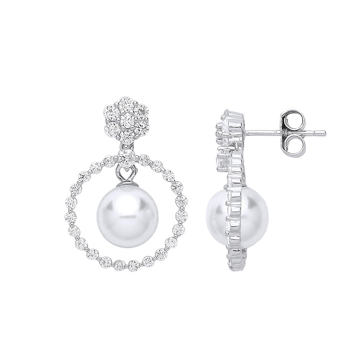 Silver Circle of Life, Pearl & Cubic Zirconia Drop Earrings - Silver