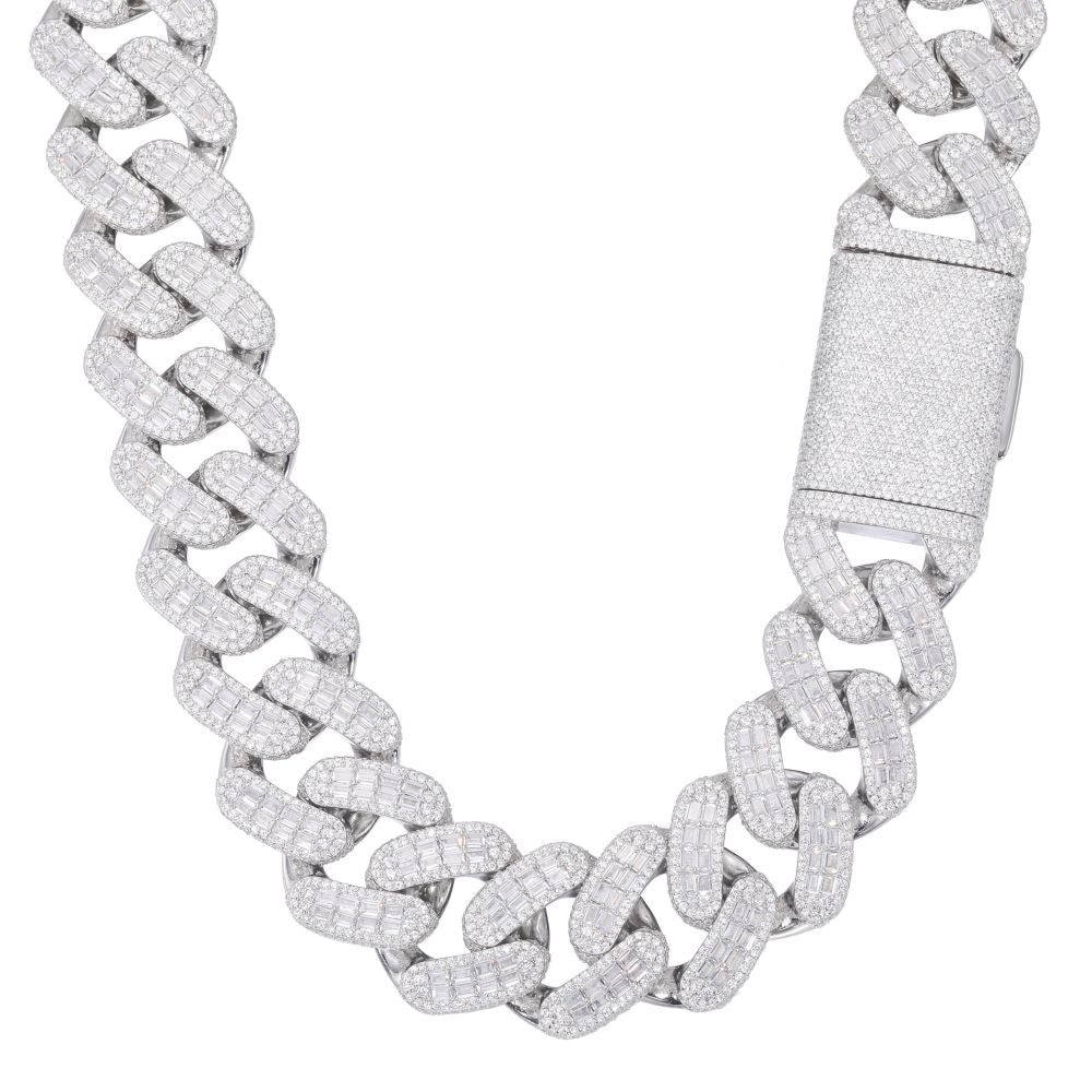 925 Silver Baguette Cubic Zirconia Set Cuban Chain 28.0mm