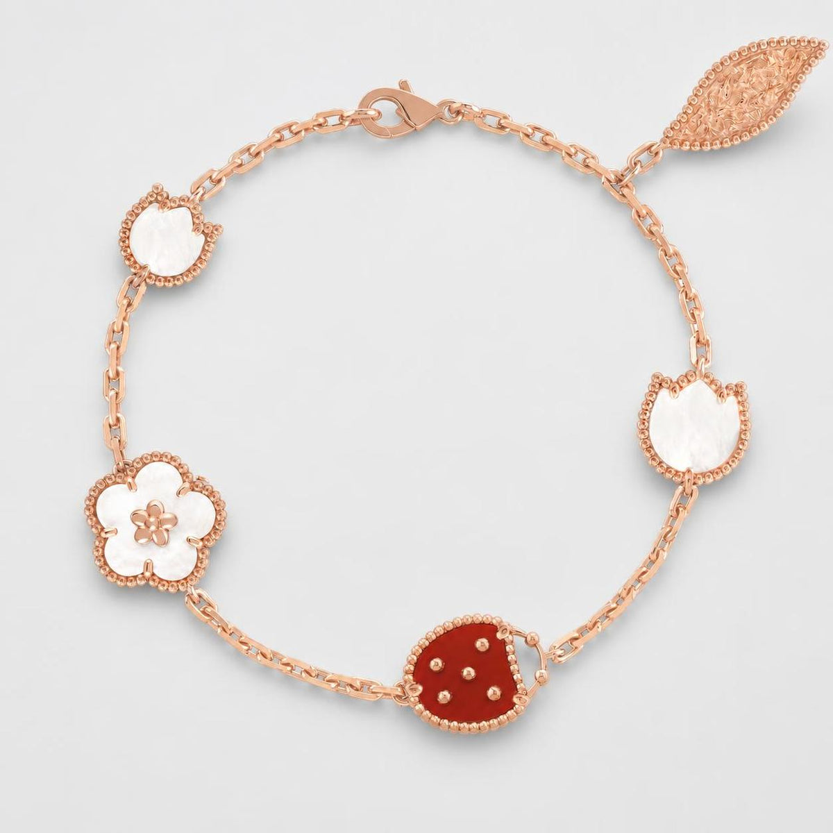 Van Cleef & Arpels Lucky Spring Lady Bug 5 Motifs Carnelian Mother-Of-Pearl Onyx Bracelet 18K Rose Gold