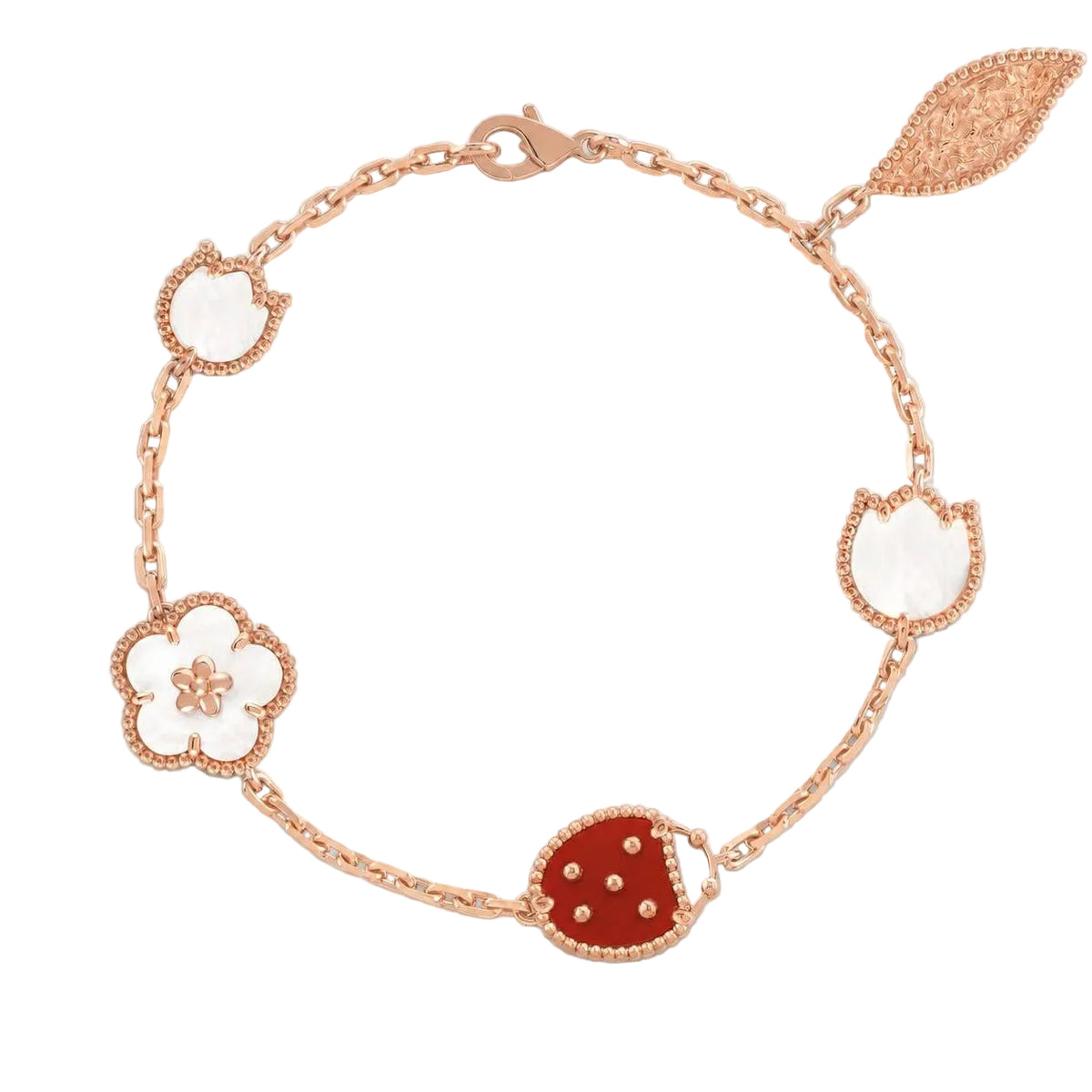 Van Cleef & Arpels Lucky Spring Lady Bug 5 Motifs Carnelian Mother-Of-Pearl Onyx Bracelet 18K Rose Gold