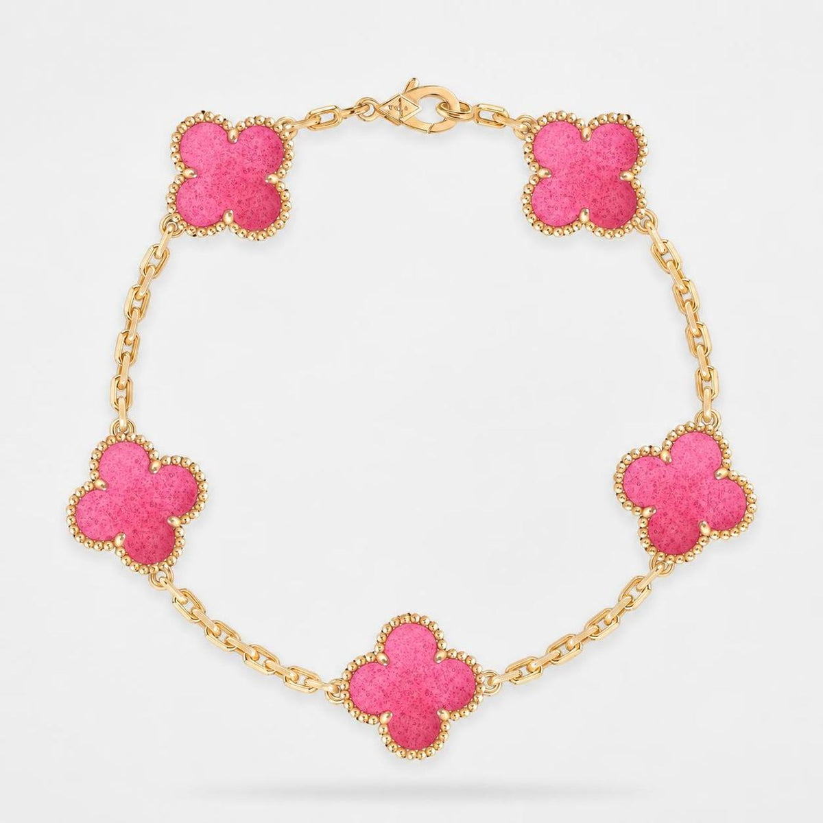 Van Cleef & Arpels Vintage Alhambra 5 Motifs Pink Enamel Bracelet 18K Yellow Gold