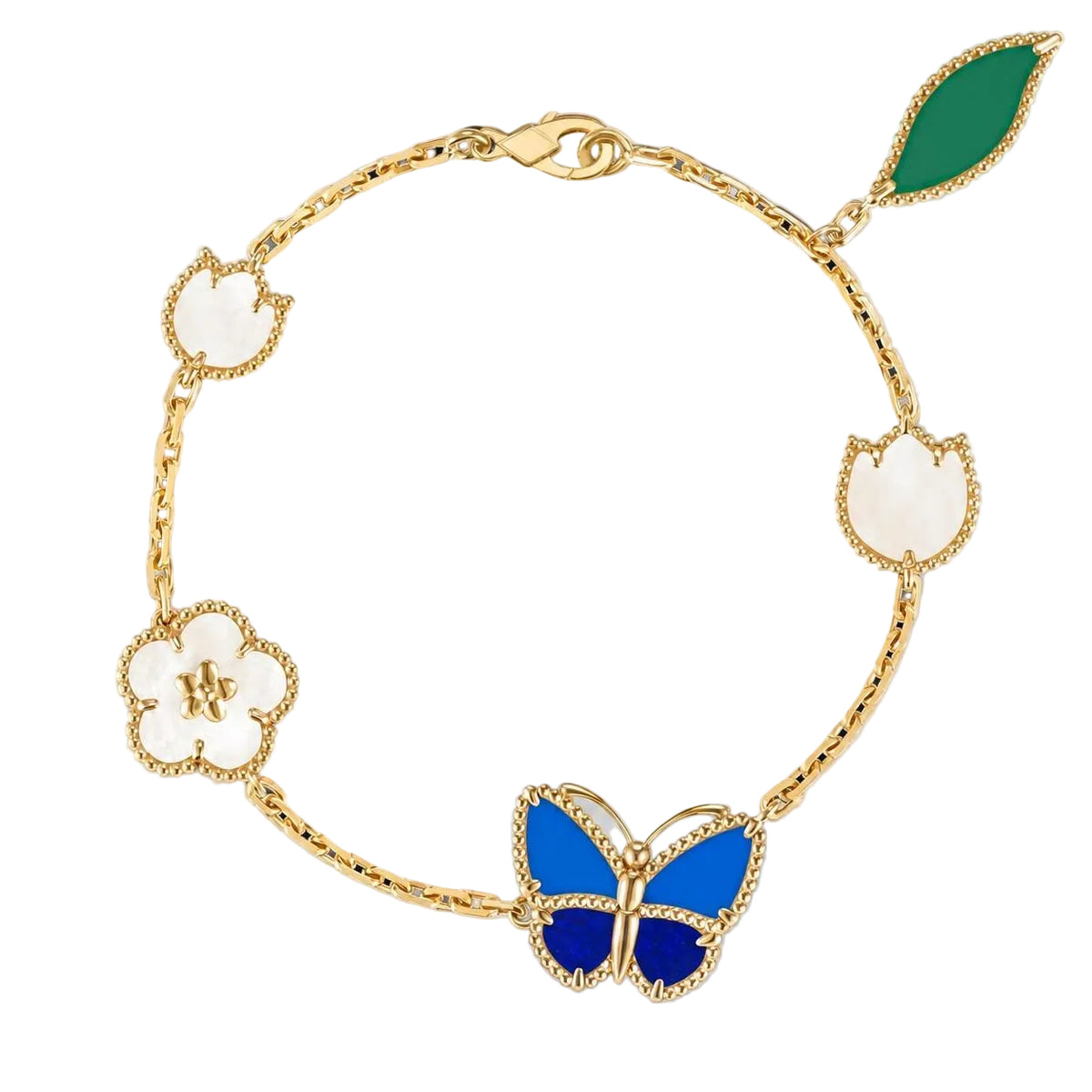 Van Cleef & Arpels Lucky Spring Butterfly 5 Motifs Agate Lapis Lazuli Mother-Of-Pearl Bracelet 18K Yellow Gold