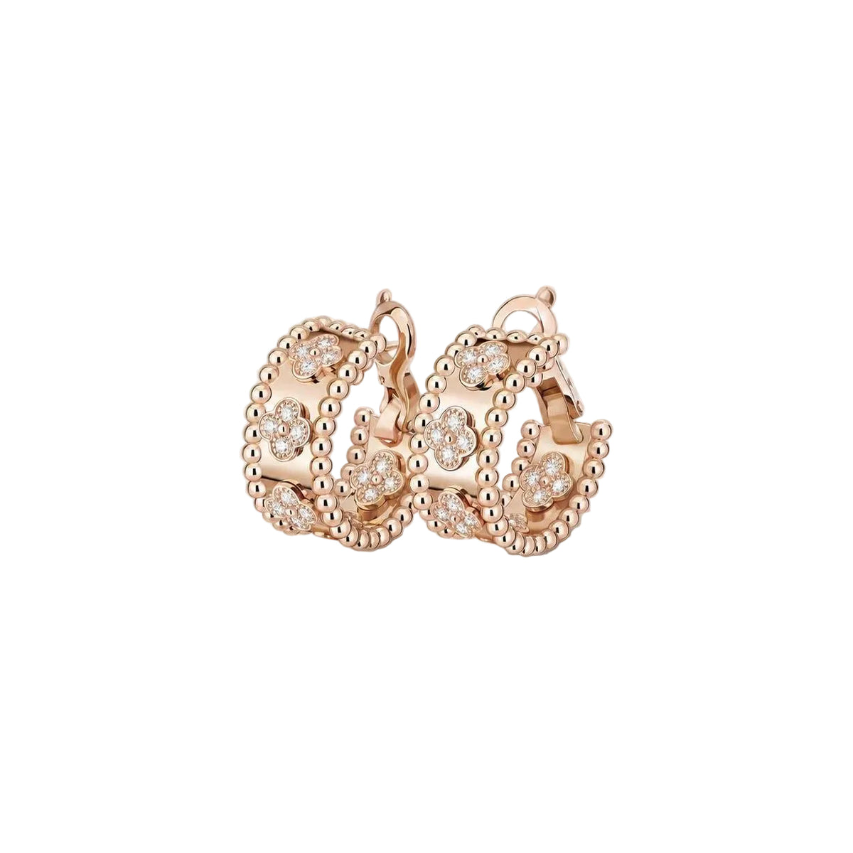 Van Cleef & Arpels Perlée Clovers Diamond Hoop Earrings 18K Rose Gold