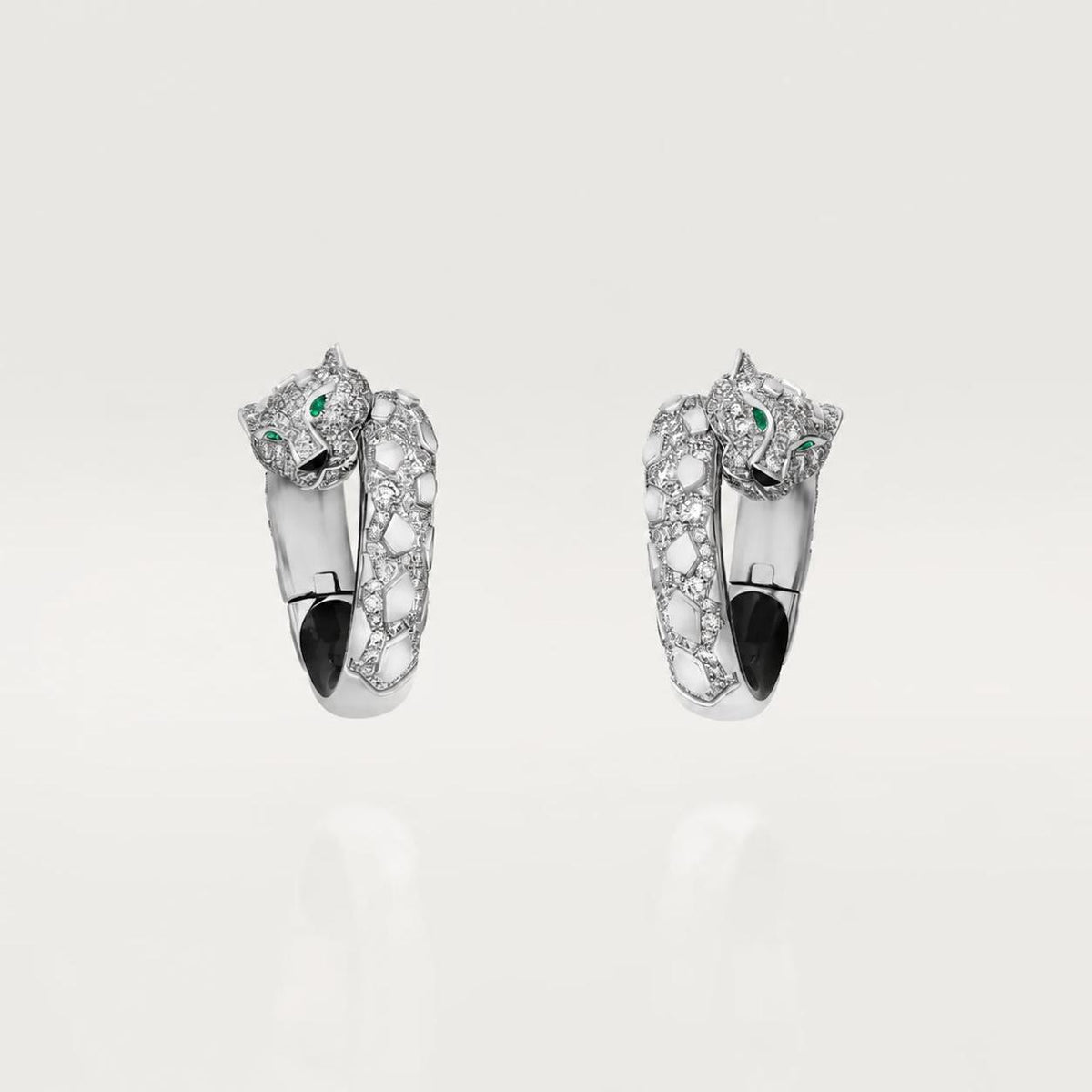 Cartier Panthère de Cartier Earrings Black Lacquer Onyx Emeralds Diamonds 18K White Gold