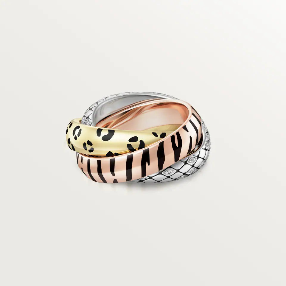 Cartier Trinity Ring Black Lacquer Half-Paved Diamonds 18K Yellow, Rose & White Gold