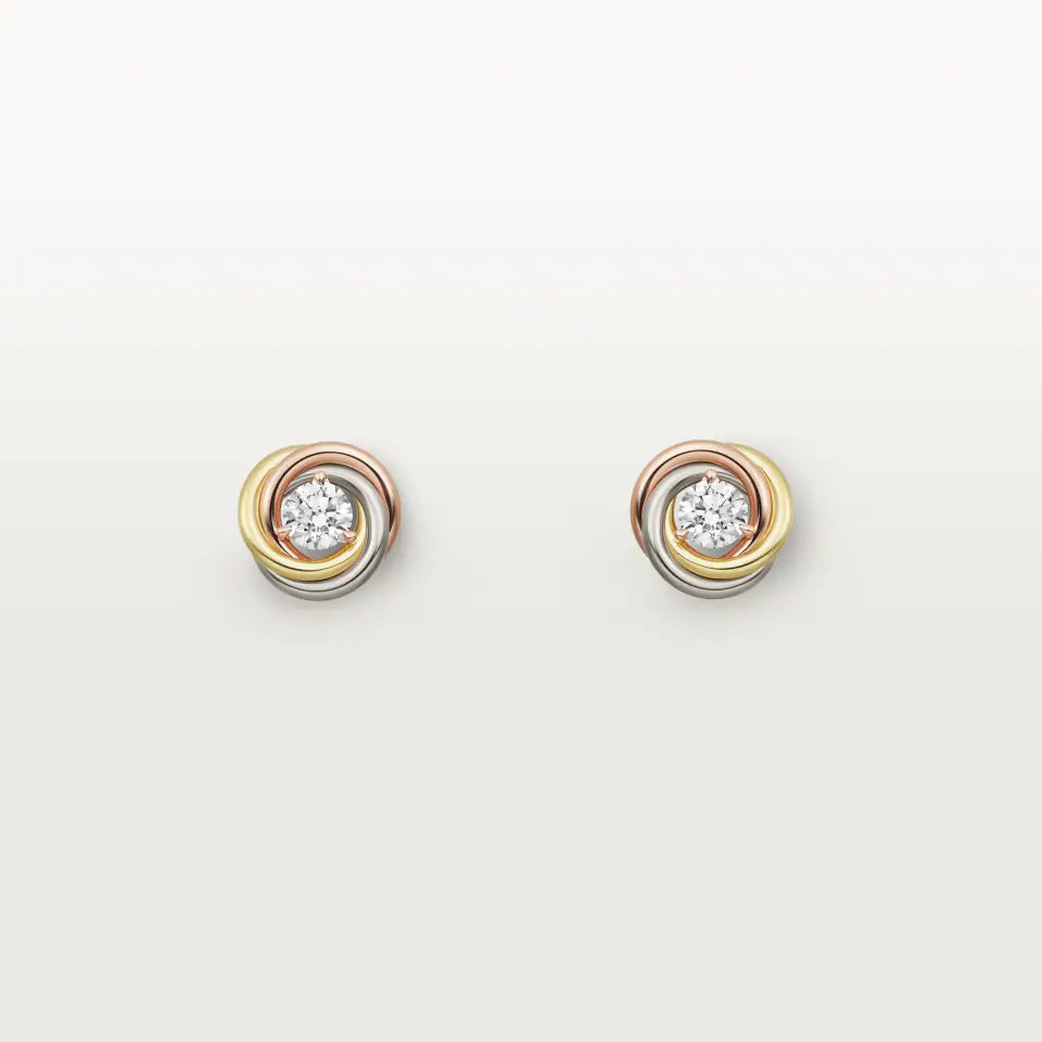 Cartier Trinity Stud Earrings 2 Diamonds 18K White, Yellow & Rose Gold