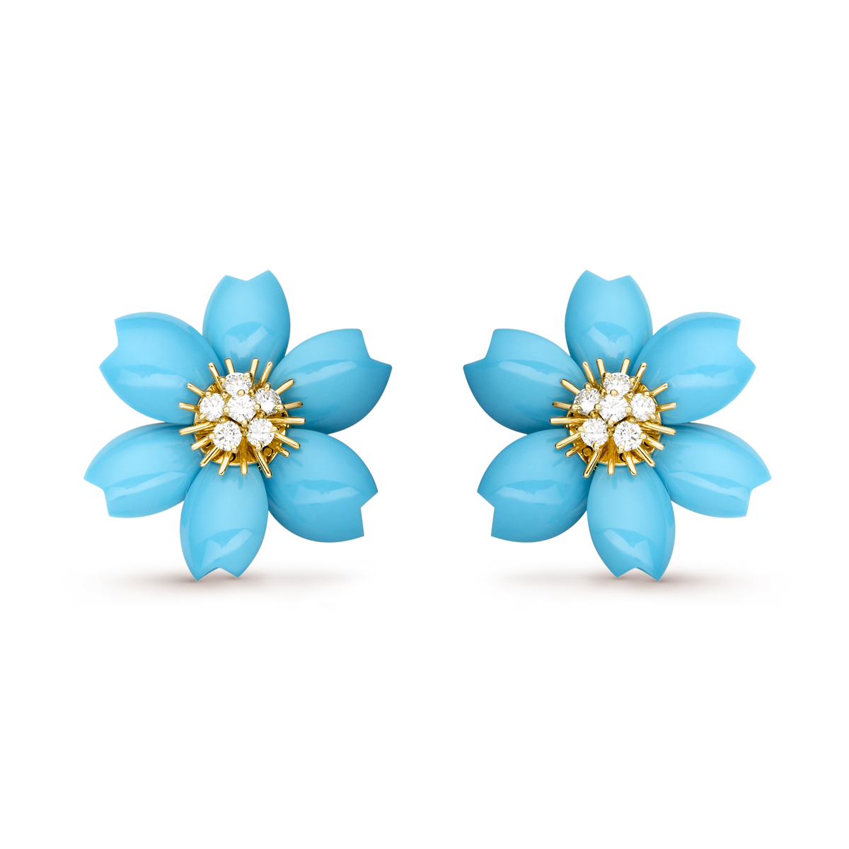 Van Cleef & Arpels Rose De Noël Diamond Turquoise Small Earrings 18K Yellow Gold