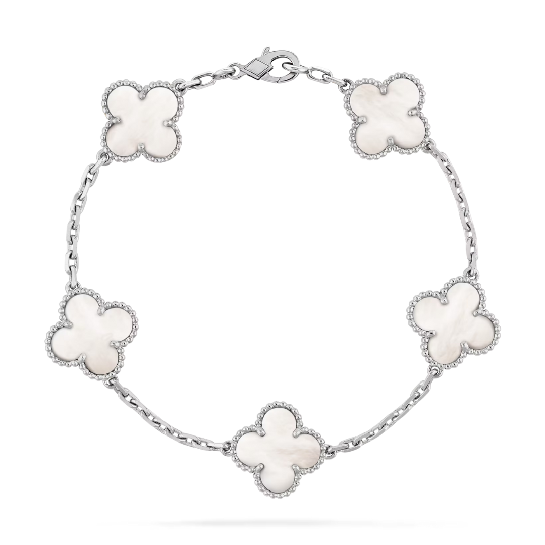 Van Cleef & Arpels Vintage Alhambra Bracelet 5 Motifs Nacre Blanche Or Blanc 18 Carats