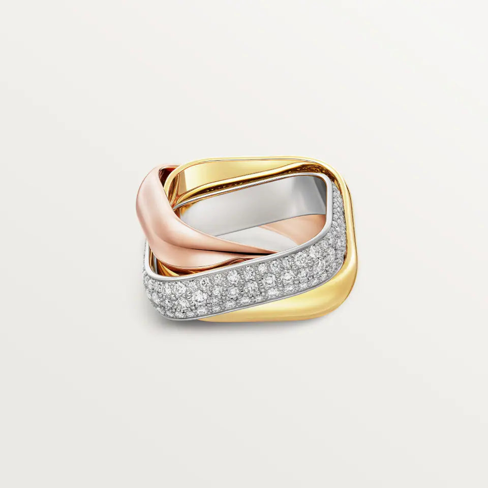 Cartier Trinity Ring Cushion-Shaped Large Model Half-Paved Diamonds 18K White, Yellow & Rose Gold