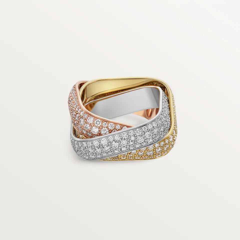 Cartier Trinity Ring Cushion-Shaped Large Model Paved 18K White, Yellow & Rose Gold