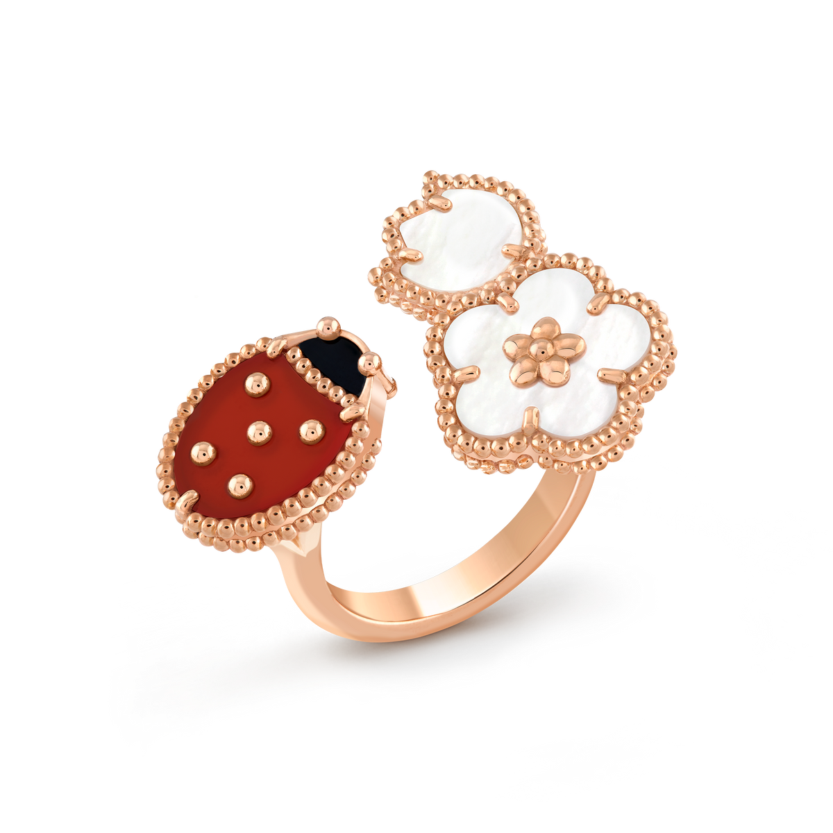 Van Cleef & Arpels Lucky Spring Carnelian Mother-of-Pearl Onyx Between the Finger Ring 18K Rose Gold