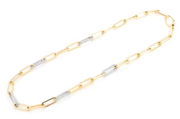 3.00ct Diamond 3 Row Elongated Rolo Link Necklace 18K Solid Gold