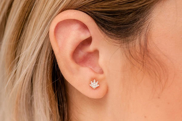 Erkals Jewellers Mini Cannabis Leaf Stud Earrings 18K Gold 0.10ctw