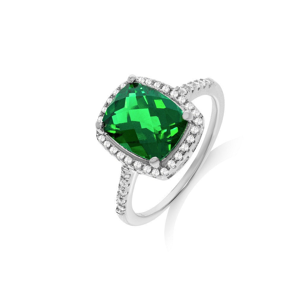 Micro Pave Emerald Colour Centre Silver Cz Ring