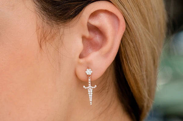 Erkals Jewellers Dangling Ancient Dagger Stud Earrings 18K Gold 0.70ctw
