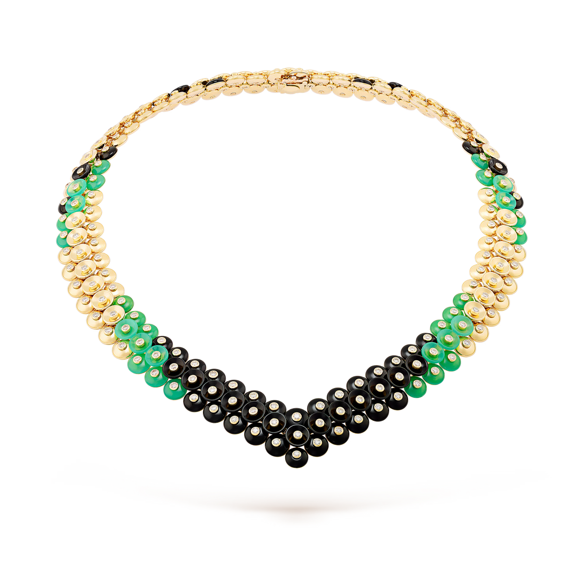 Van Cleef & Arpels Bouton d'Or Necklace 18K Yellow Gold Chrysoprase Diamond Onyx