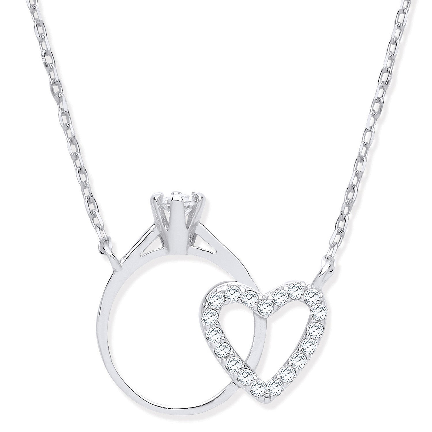 Silver Chain with Little CZ Engagement Ring & Heart