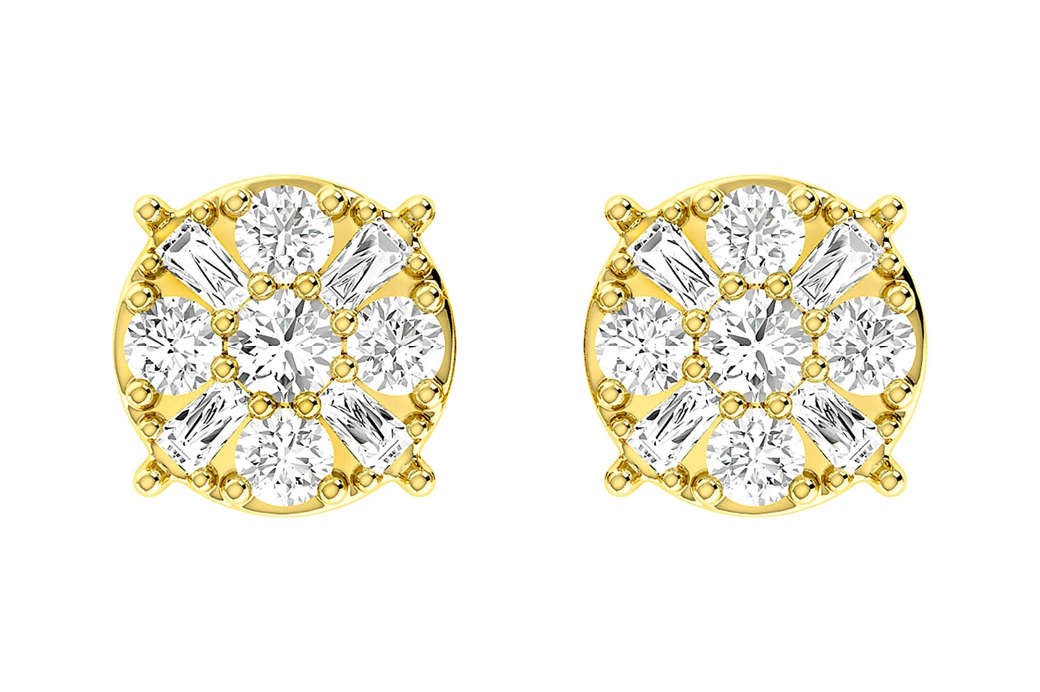 Erkals Jewellers Baguette Round Cluster Stud Earrings 18K Gold 0.45ctw