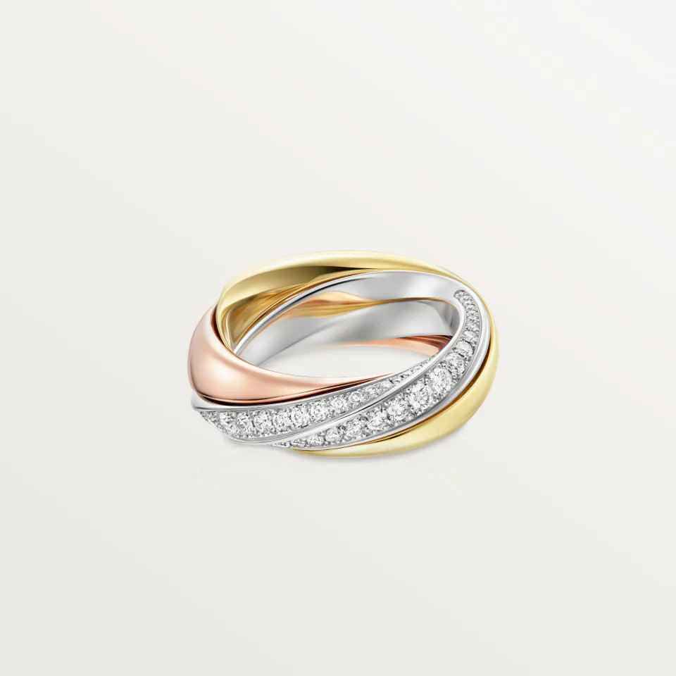 Cartier Trinity Ring Half-Paved Diamonds 18K White, Yellow & Rose Gold