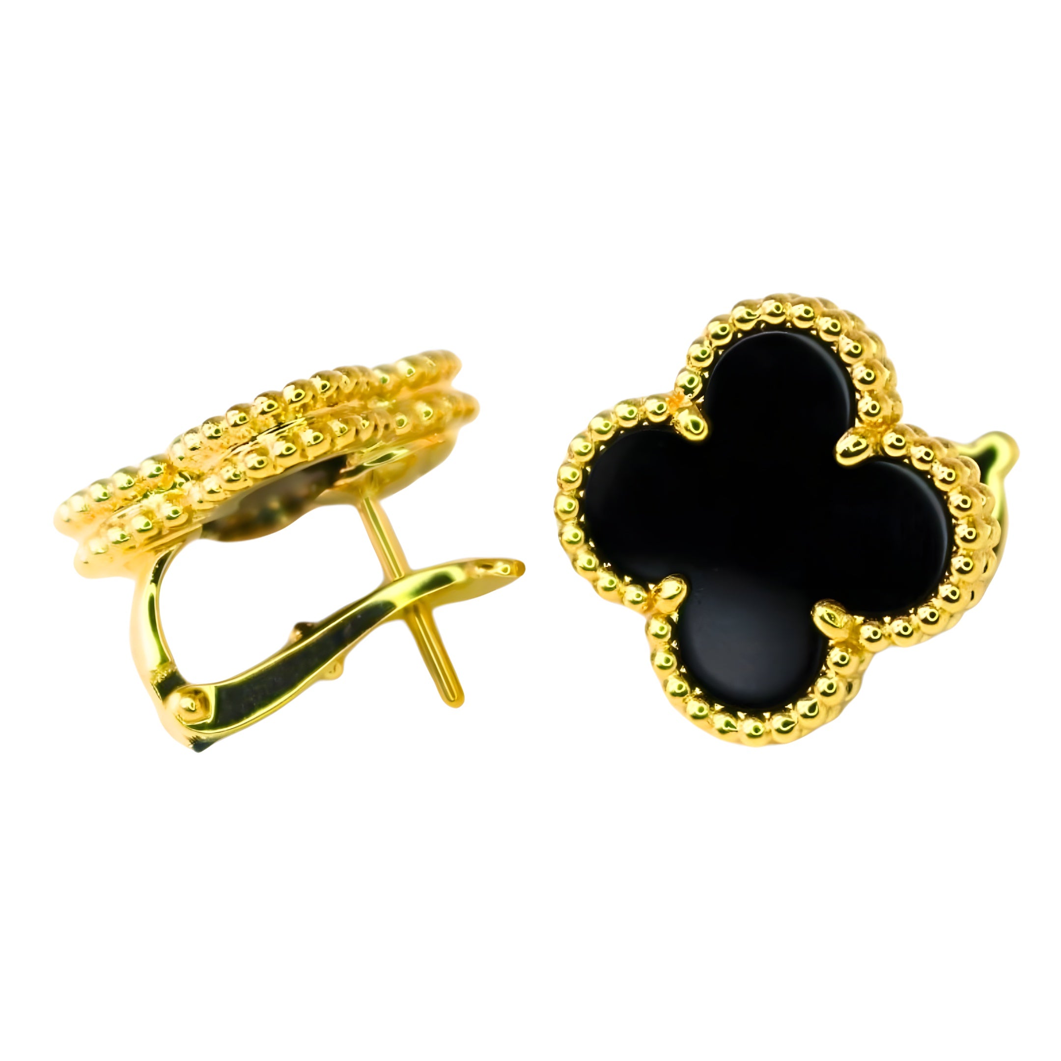 Van Cleef & Arpels Vintage Alhambra Earrings Onyx 18K Yellow Gold