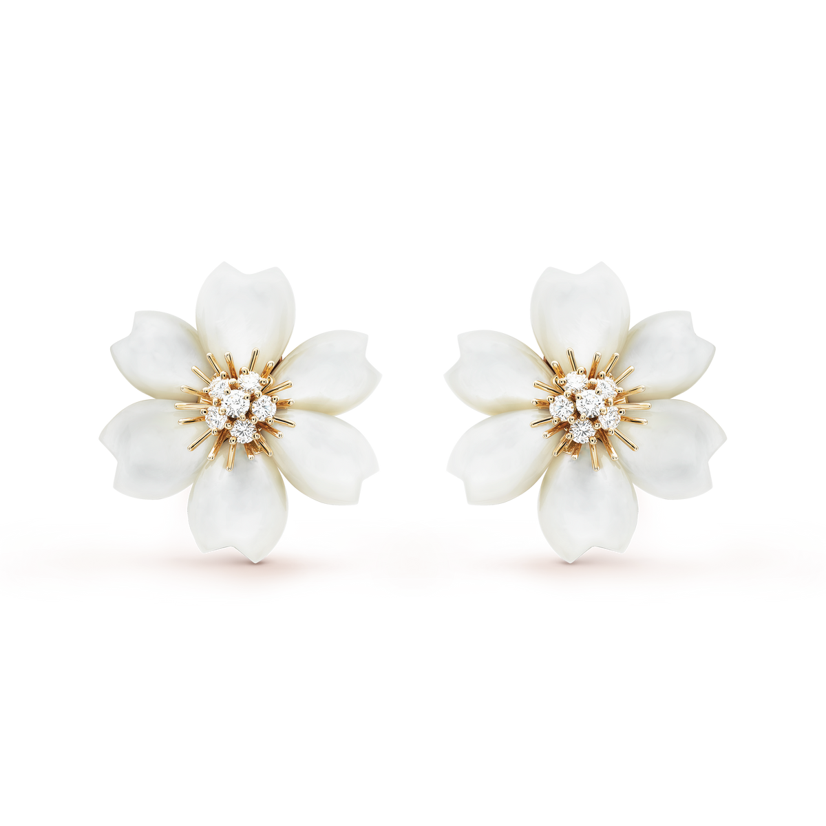 Van Cleef & Arpels Rose De Noël Diamond Mother-Of-Pearl Small Earrings 18K Yellow Gold