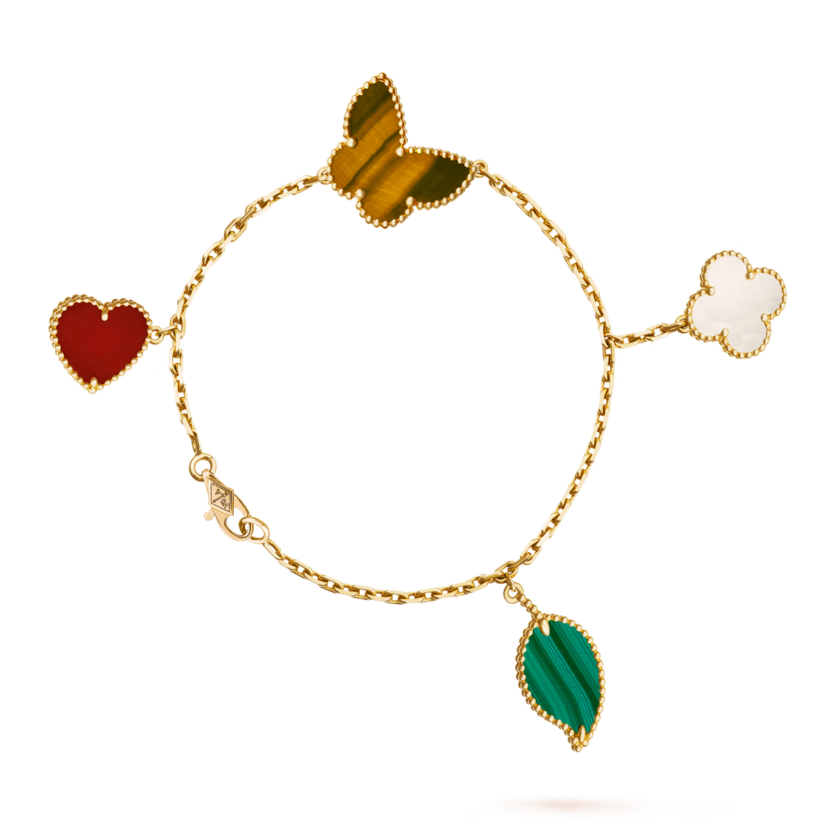 Van Cleef & Arpels Lucky Alhambra 4 Motifs Carnelian Malachite Mother-of-Pearl Tiger's Eye Bracelet 18K Yellow Gold