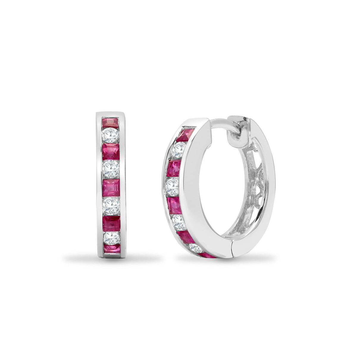 18ct White Gold Natural Diamond And Ruby Hoop Earrings