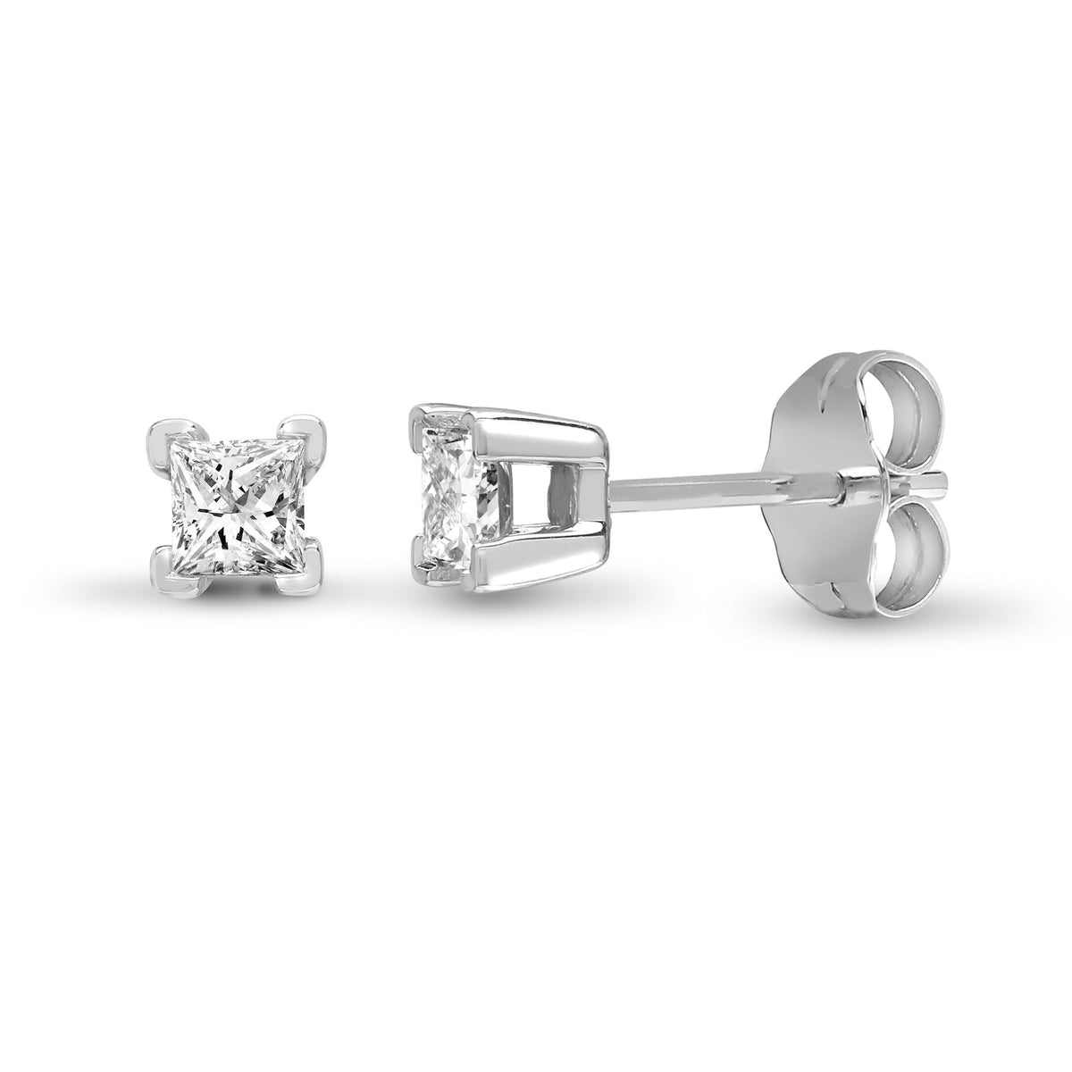18ct White Gold 25pt Princess Cut 4 Claw Natural Diamond Stud Earring