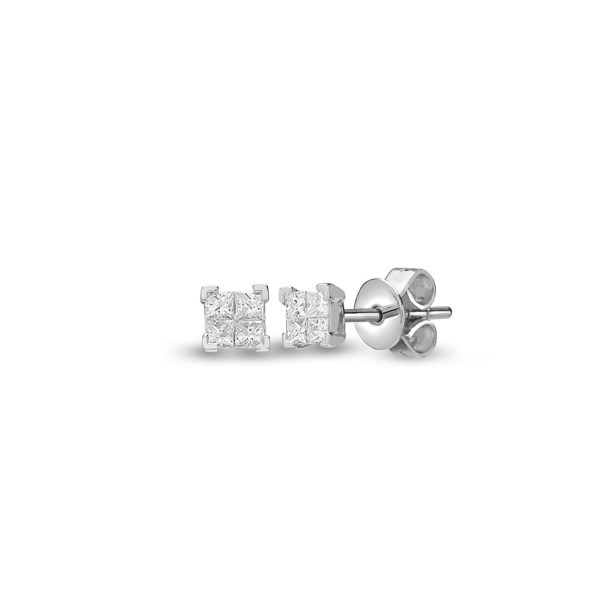 18ct White Natural Diamond 4 x Princess Cut Stud Earring