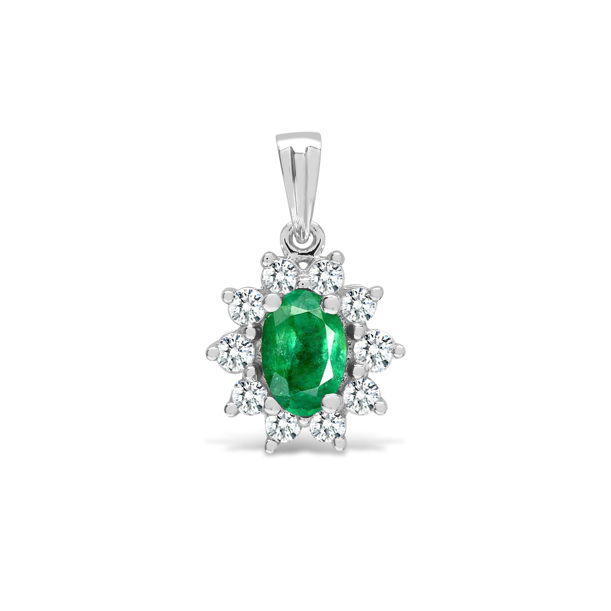 18ct White Gold Natural Diamond And Emerald Pendant