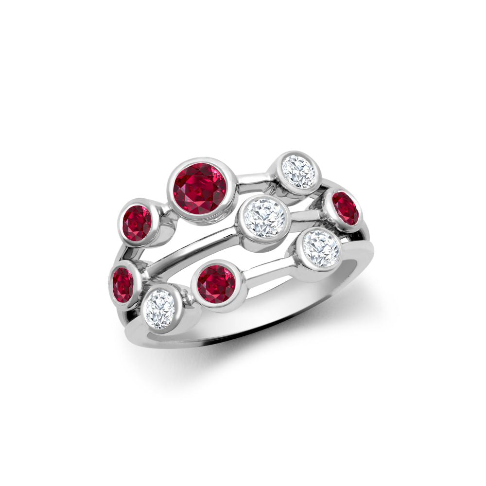 18ct White Gold 0.35cts Natural Diamond 0.89cts Ruby 3 Row Bubble Ring
