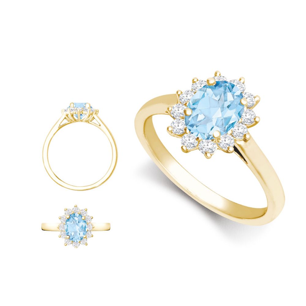 18R1010-9x7-I | 18ct Yellow Gold 0.96ct Natural Diamond Claw-set Cluster Halo Oval Ring - Holds 9x7mm Aquamarine 2.00cts