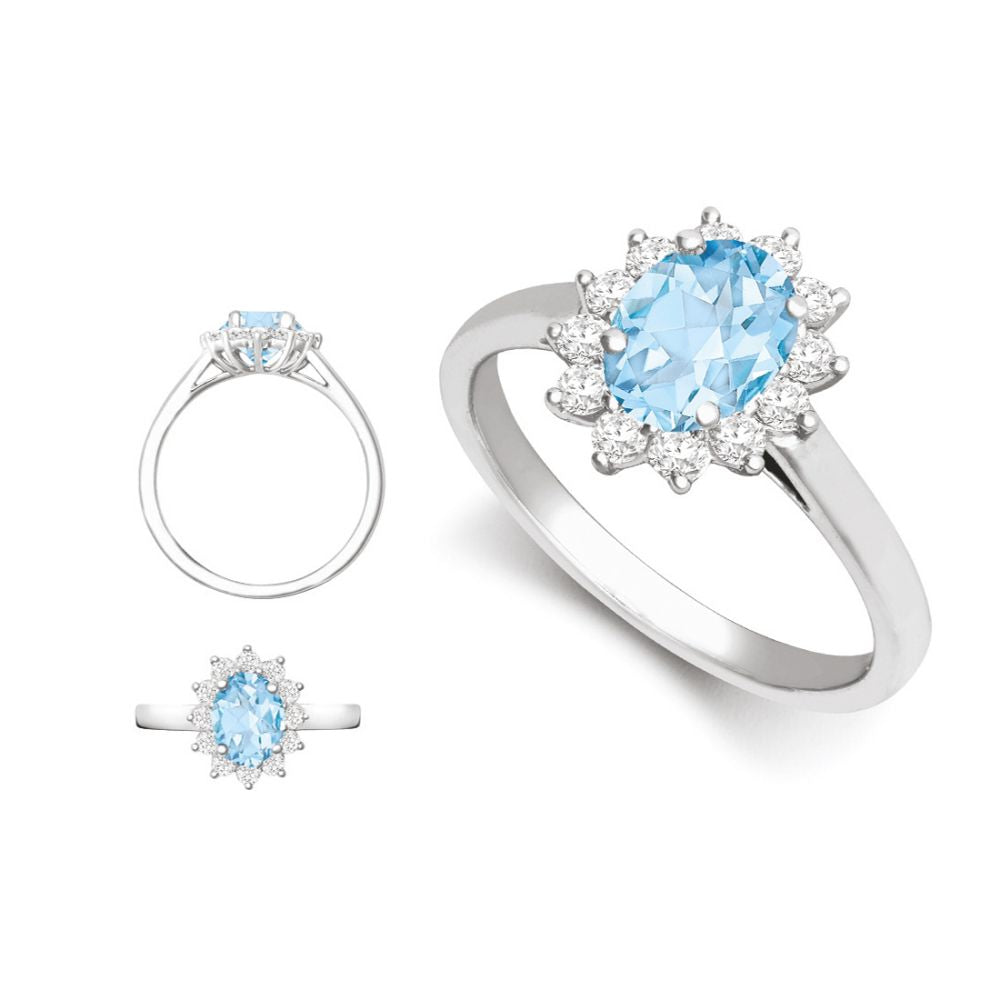 18R1011-7x5-I | 18ct White Gold 0.35ct Natural Diamond Claw-set Cluster Halo Oval Ring - Holds 7x5mm Aquamarine 0.75cts