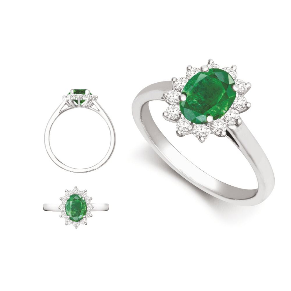 18R1013-7x5-I | 18ct White Gold 0.35ct Natural Diamond Claw-set Cluster Halo Oval Ring - Holds 7x5mm Emerald 0.75cts