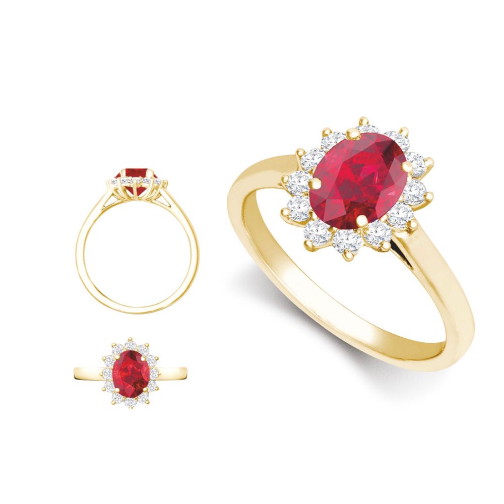 18R1014-9x7-I | 18ct Yellow Gold 0.96ct Natural Diamond Claw-set Cluster Halo Oval Ring - Holds 9x7mm Ruby 2.00cts