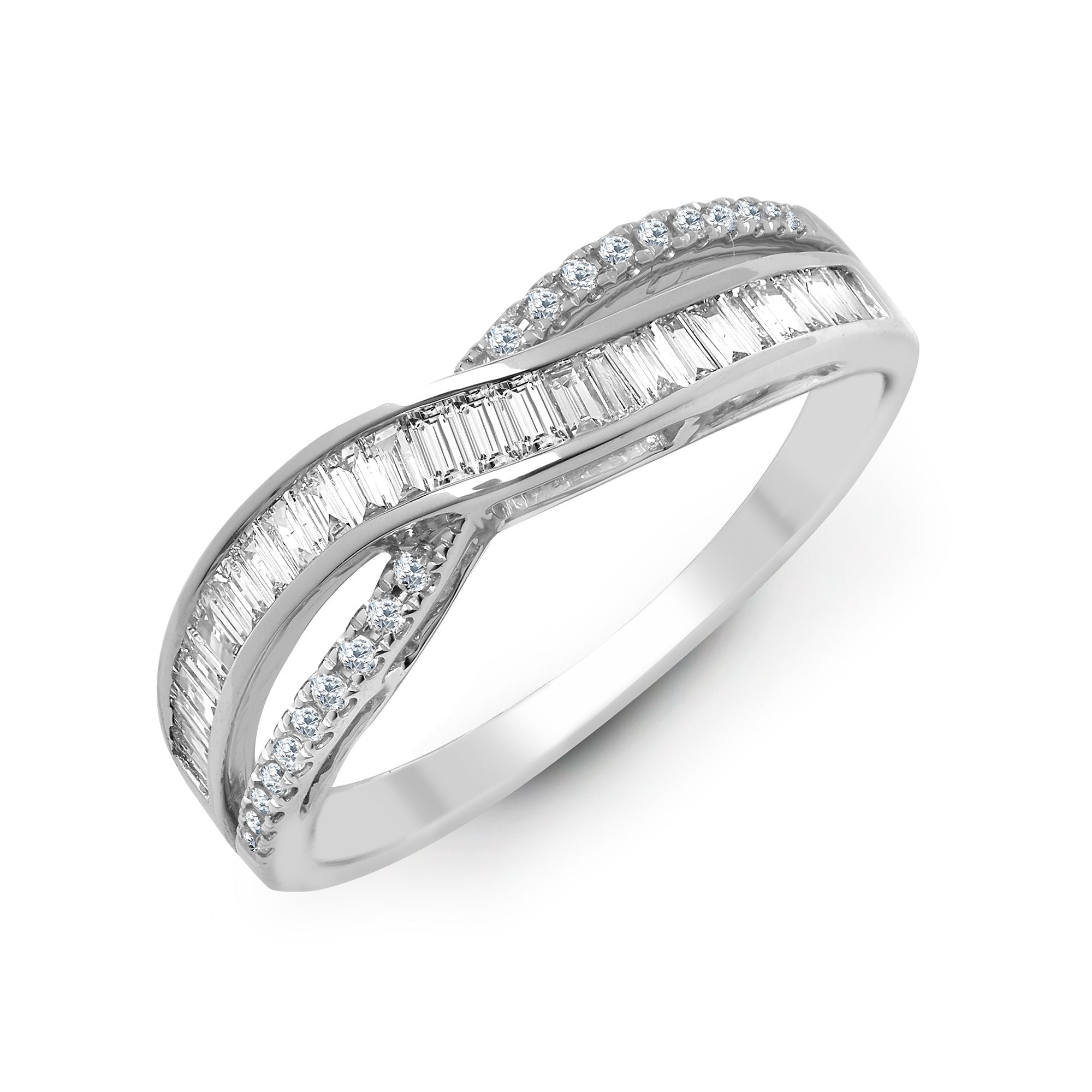 18R801 | 18ct White 0.48ct Natural Diamond RBC & Baguette Crossover Ring