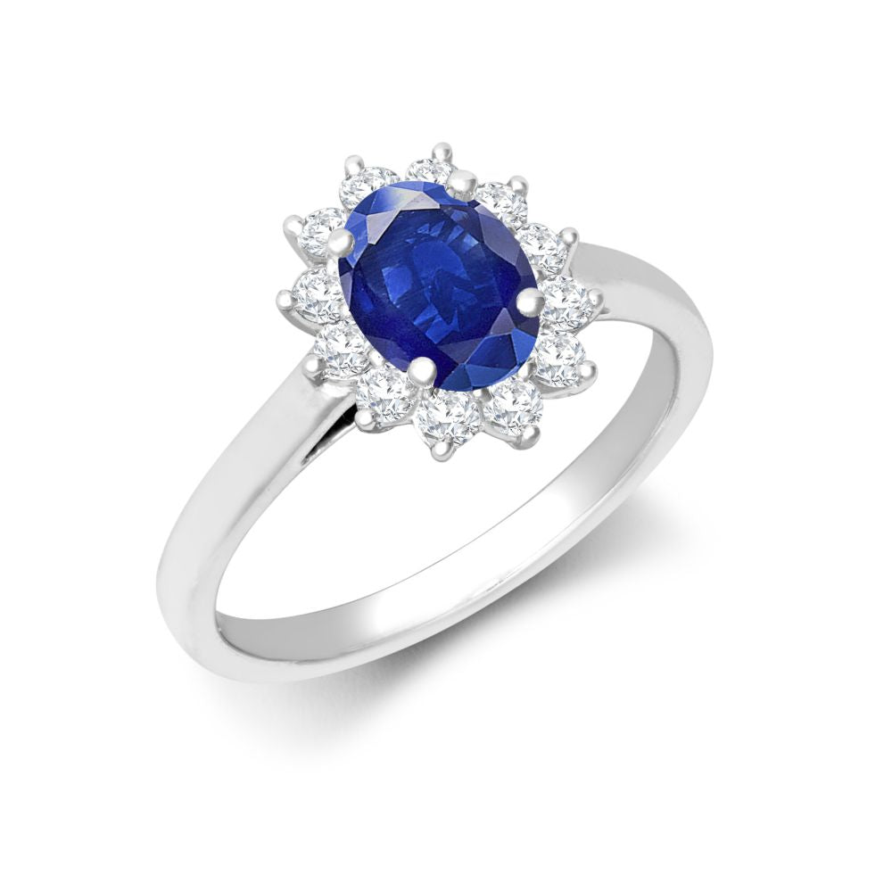 18R962-7x5-I | 18ct White Gold 0.35ct Natural Diamond Claw-set Cluster Halo Oval Ring - Holds 7x5mm Sapphire 0.75cts