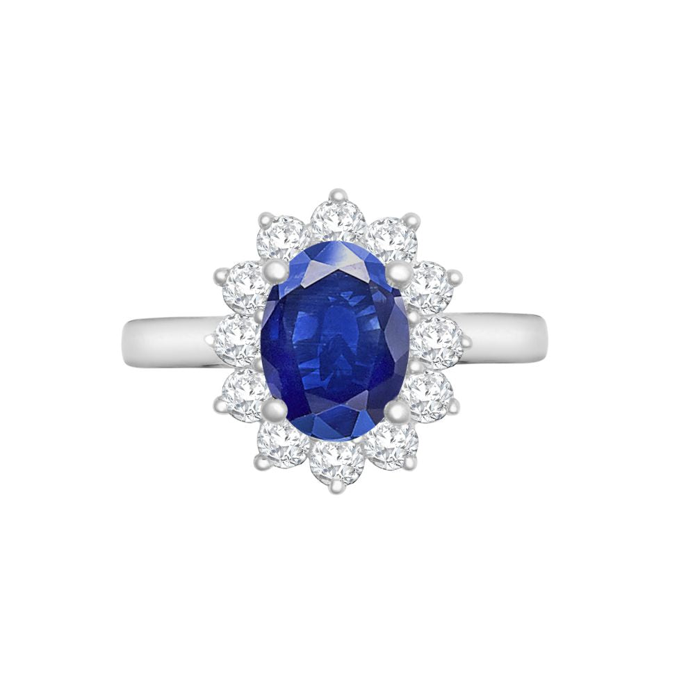 18R962-8x6-I | 18ct White Gold 0.62ct Natural Diamond Claw-set Cluster Halo Oval Ring - Holds 8x6mm Sapphire 1.25cts