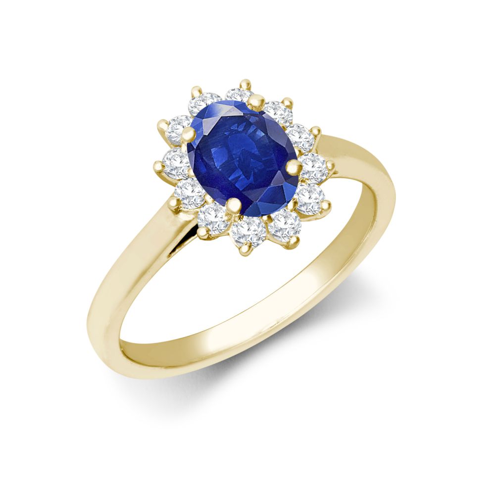 18R987-7x5-I | 18ct Yellow Gold 0.35ct Natural Diamond Claw-set Cluster Halo Oval Ring - Holds 7x5mm Sapphire 0.75cts